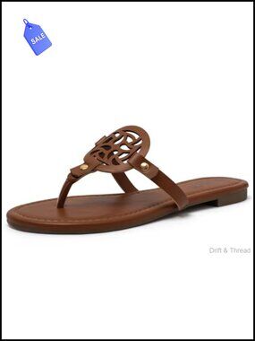 Women's Faux Leather Thong Flat Sandals Medallion Slip On Flip Flops